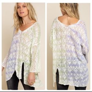 POL Favorite Lilac And Green Grapes Multi Dip Open Weave Tunic Top Side Splits